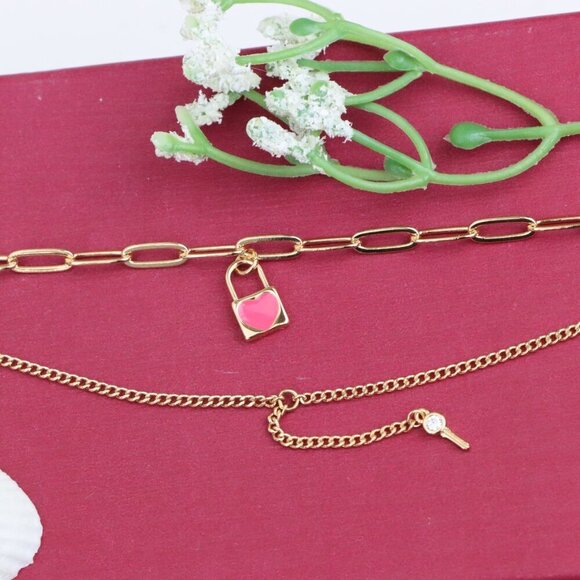 "Dual Layer Rose Gold Bracelet with Heart Lock & Key Charms, XPBL1157 - Picture 11 of 12